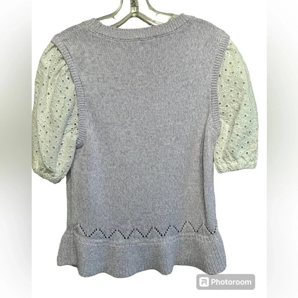 Stylish 2fer blouse & vest look with eyelet puff sleeves lavender Soft cotton M - Picture 2 of 10